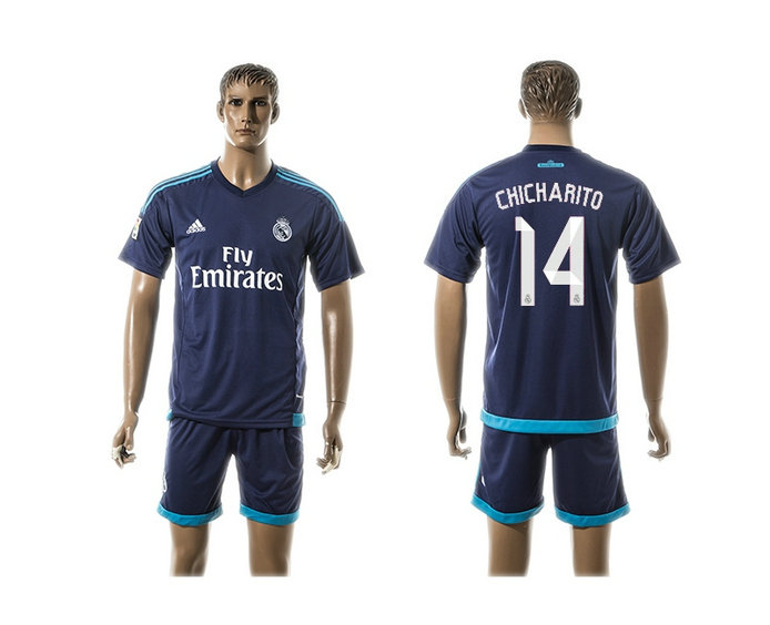 2015-2016 Real Madrid Scccer Uniform Short Sleeves Jersey Away Blue #14 CHICHARITO