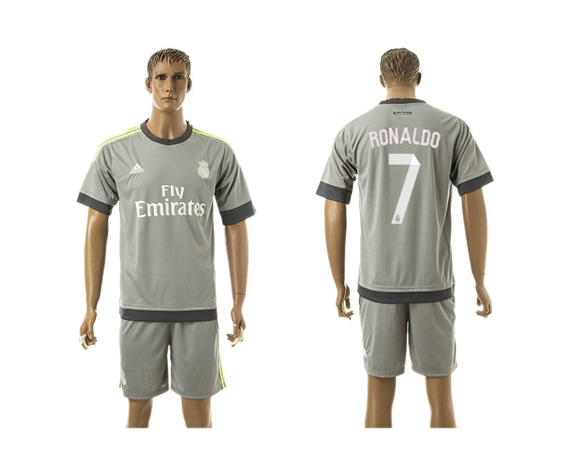 2015-2016 Real Madrid Scccer Uniform Short Sleeves Jersey UCL Away Grey #7 RONALDO