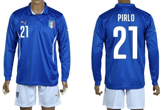 2014 World Cup Italy #21 Pirlo Home Soccer Long Sleeve Shirt Kit