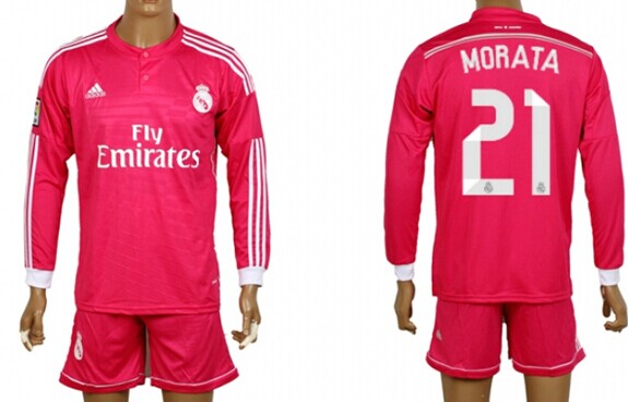2014/15 Real Madrid #21 Morata Away Pink Soccer Long Sleeve Shirt Kit