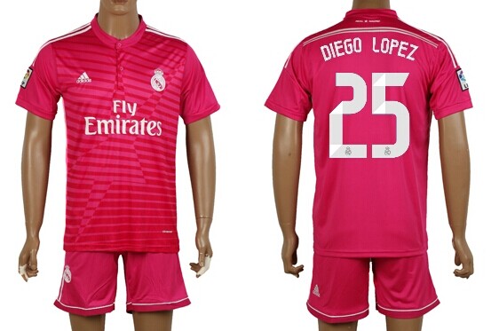 2014/15 Real Madrid #25 Diego Lopez Away Pink Soccer Shirt Kit