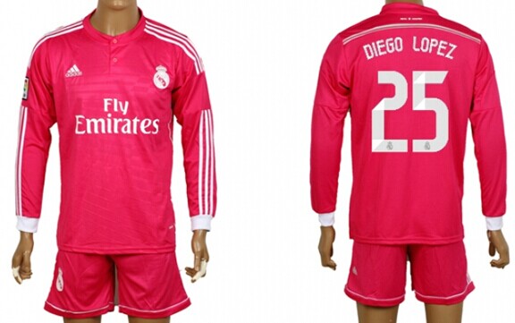 2014/15 Real Madrid #25 Diego Lopez Away Pink Soccer Long Sleeve Shirt Kit