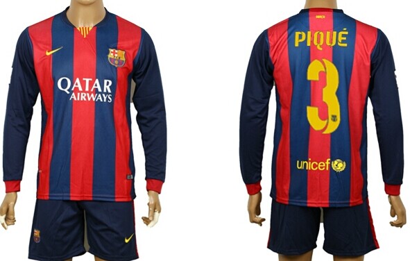 2014/15 FC Bacelona #3 Pique Home Soccer Long Sleeve Shirt Kit