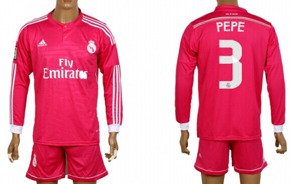2014/15 Real Madrid #3 Pepe Away Pink Soccer Long Sleeve Shirt Kit