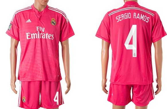 2014/15 Real Madrid #4 Sergio Ramos Away Pink Soccer Shirt Kit