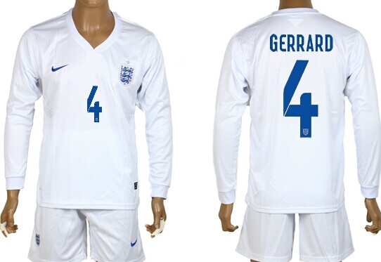 2014 World Cup England #4 Gerrard Home Soccer Long Sleeve Shirt Kit