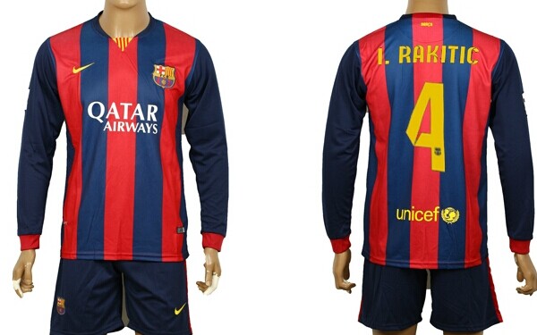 2014/15 FC Bacelona #4 I.Rakitic Home Soccer Long Sleeve Shirt Kit