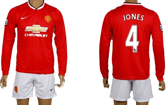2014/15 Manchester United #4 Jones Home Soccer Long Sleeve Shirt Kit