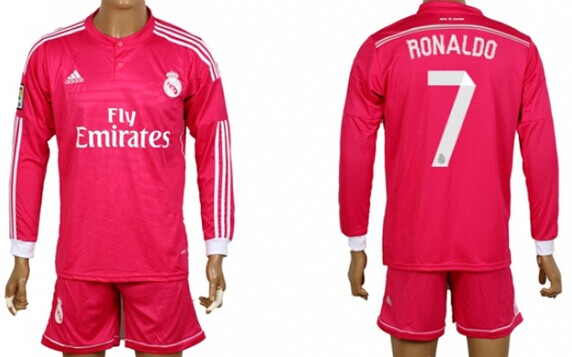 2014/15 Real Madrid #7 Ronaldo Away Pink Soccer Long Sleeve Shirt Kit