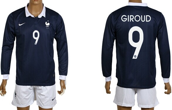 2014 World Cup France #9 Giroud Home Soccer Long Sleeve Shirt Kit