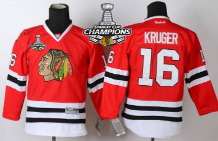 Chicago Blackhawks #16 Marcus Kruger Red Kids Jersey W-2015 Stanley Cup Champion Patch