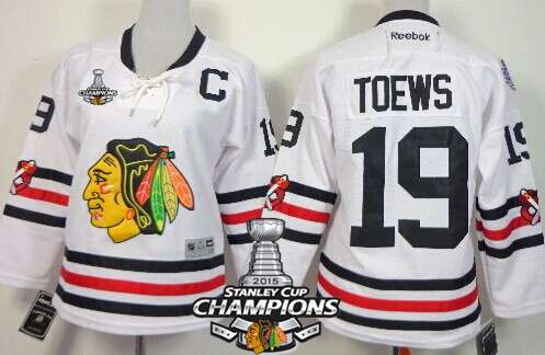 Chicago Blackhawks #19 Jonathan Toews 2015 Winter Classic White Womens Jersey W-2015 Stanley Cup Champion Patch