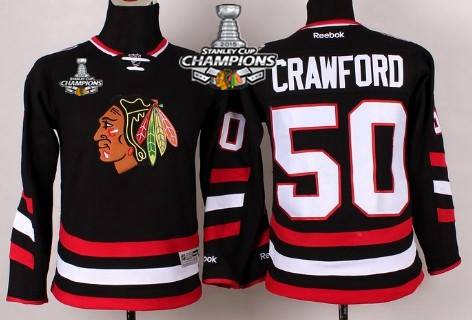Chicago Blackhawks #50 Corey Crawford 2014 Stadium Series Black Kids Jersey W-2015 Stanley Cup Champion Patch