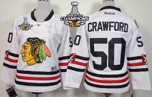 Chicago Blackhawks #50 Corey Crawford 2015 Winter Classic White Kids Jersey W-2015 Stanley Cup Champion Patch