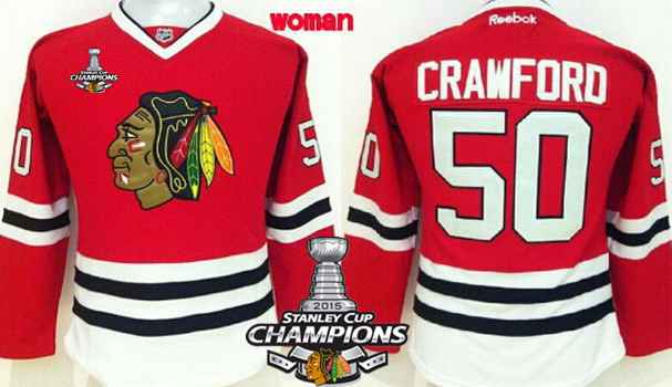 Chicago Blackhawks #50 Corey Crawford Red Womens Jersey W-2015 Stanley Cup Champion Patch