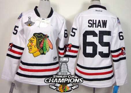 Chicago Blackhawks #65 Andrew Shaw 2015 Winter Classic White Womens Jersey W-2015 Stanley Cup Champion Patch