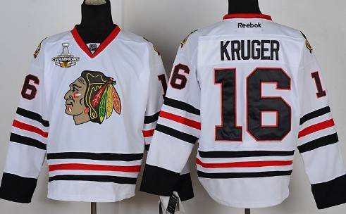 Men's Chicago Blackhawks #16 Marcus Kruger White Jersey W-2015 Stanley Cup Champion Patch