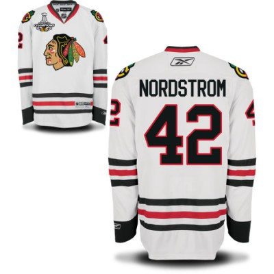 Men's Chicago Blackhawks #42 Joakim Nordstrom White Away NHL Jersey W-2015 Stanley Cup Champion Patch