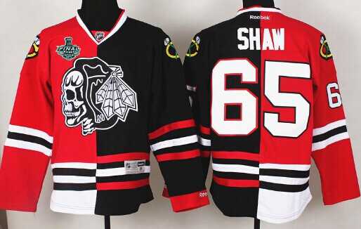 Men's Chicago Blackhawks #65 Andrew Shaw 2015 Stanley Cup Red&Black Two Tone With Black Skulls Jersey