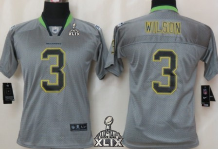 Nike Seattle Seahawks #3 Russell Wilson 2015 Super Bowl XLIX Lights Out Gray Kids Jersey