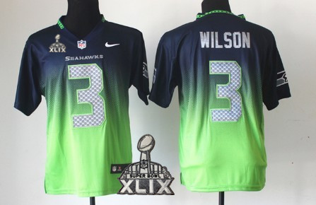 Nike Seattle Seahawks #3 Russell Wilson 2015 Super Bowl XLIX Navy Blue/Green Fadeaway Elite Jersey